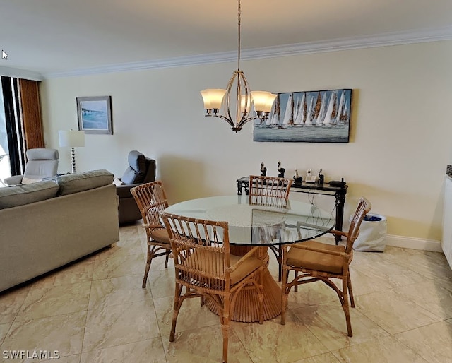 dining room featuring light tile floors, a chandelier, and crown molding