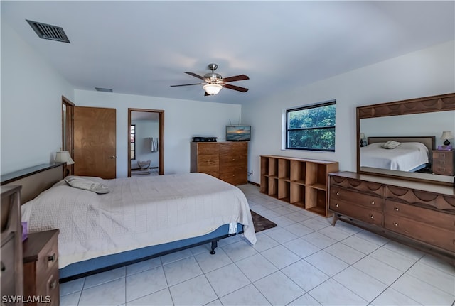 bedroom featuring ceiling fan and light tile flooring