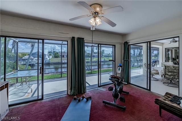 exercise area with a water view, a healthy amount of sunlight, ceiling fan, and dark carpet