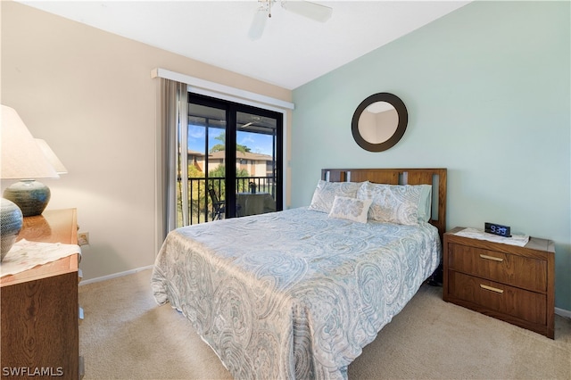 carpeted bedroom with ceiling fan and access to outside