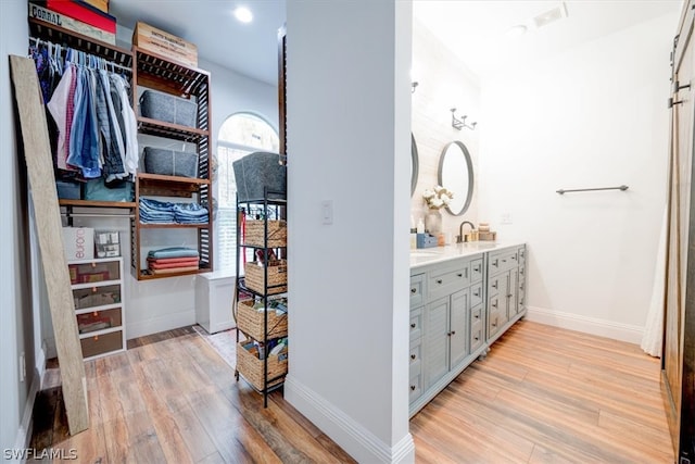 bathroom with hardwood / wood-style floors and vanity