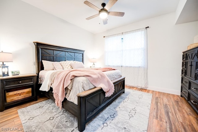 bedroom featuring light hardwood / wood-style floors and ceiling fan