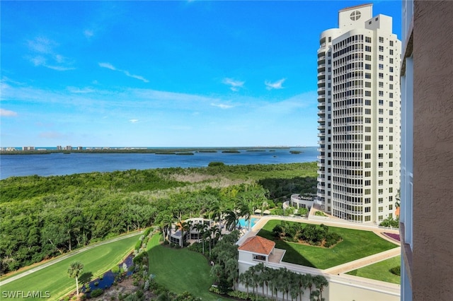 birds eye view of property featuring a water view