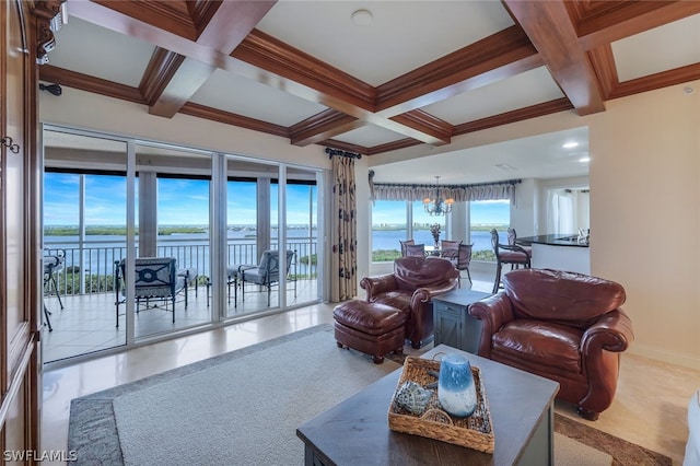 living room with baseboards, coffered ceiling, a notable chandelier, and beamed ceiling