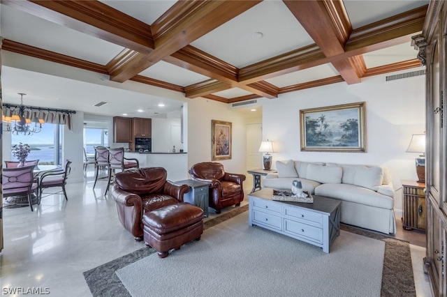 living area featuring coffered ceiling, visible vents, a notable chandelier, and beamed ceiling