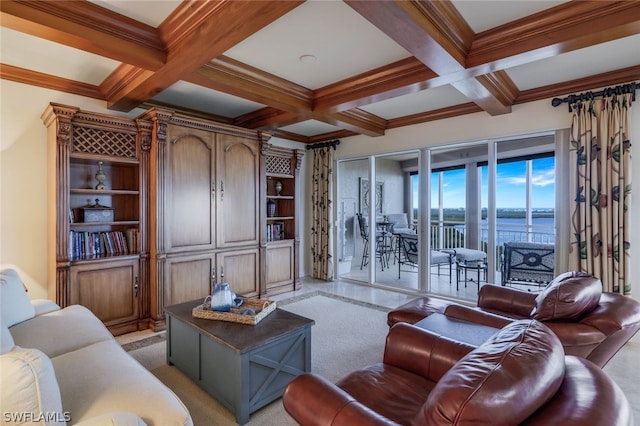 living room featuring beam ceiling, a water view, coffered ceiling, and light tile patterned floors