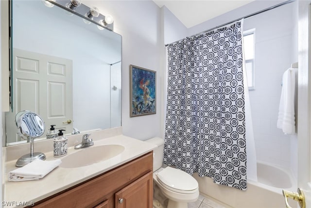 full bathroom featuring tile patterned flooring, shower / bath combination with curtain, toilet, and vanity