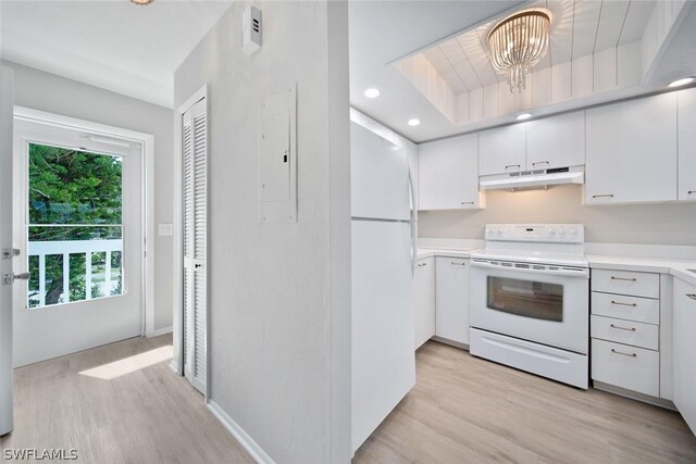 kitchen featuring white cabinetry, light hardwood / wood-style flooring, white appliances, and a wealth of natural light