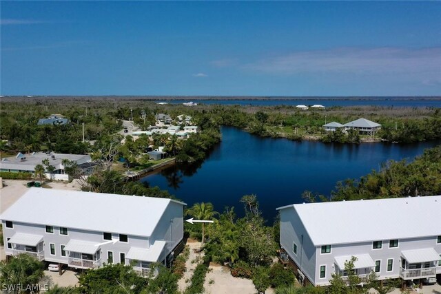 bird's eye view with a water view