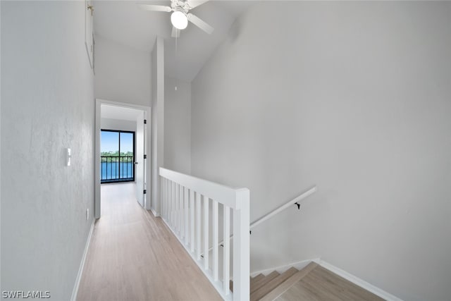 hallway featuring high vaulted ceiling and light hardwood / wood-style floors