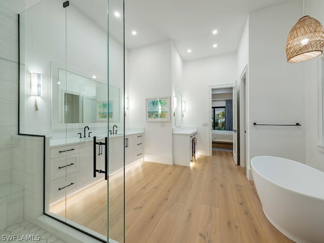 bathroom featuring vanity, a bathtub, and wood-type flooring