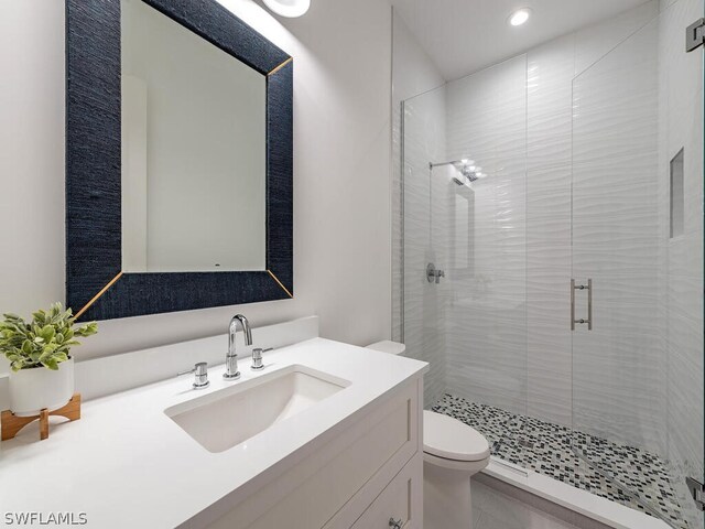 bathroom with vanity, a shower with door, and toilet