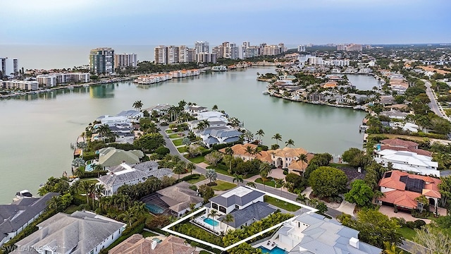 bird's eye view with a water view