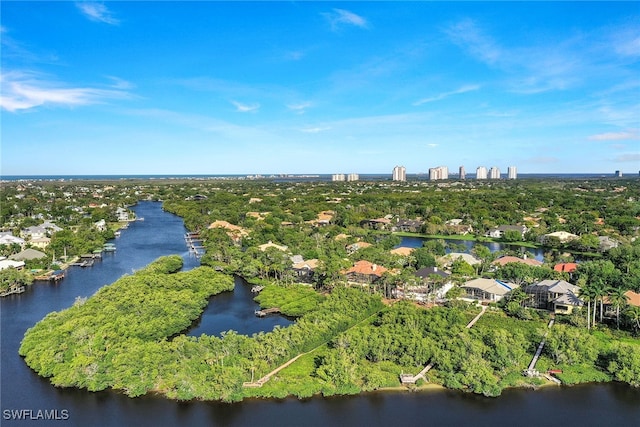 aerial view featuring a water view