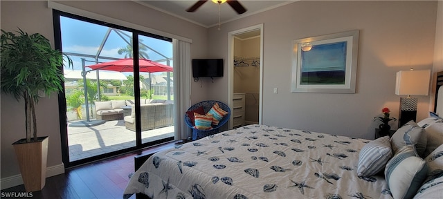 bedroom featuring access to exterior, ceiling fan, a closet, dark wood-type flooring, and a spacious closet