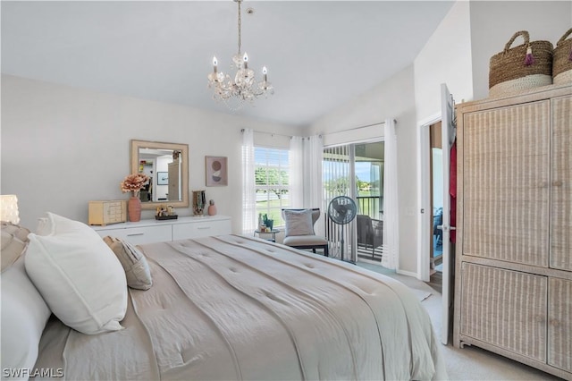 bedroom featuring a chandelier, access to exterior, vaulted ceiling, and light carpet