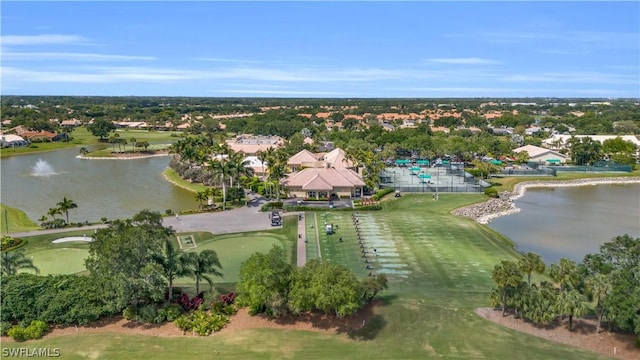 bird's eye view featuring a water view and golf course view