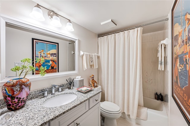 full bath with toilet, tile patterned flooring, shower / bath combination with curtain, and vanity