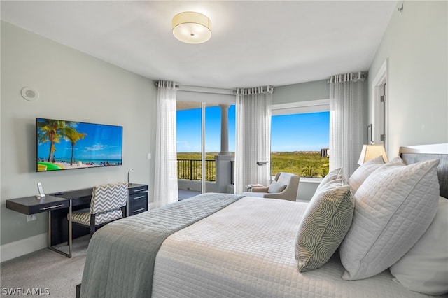 carpeted bedroom featuring access to exterior and baseboards