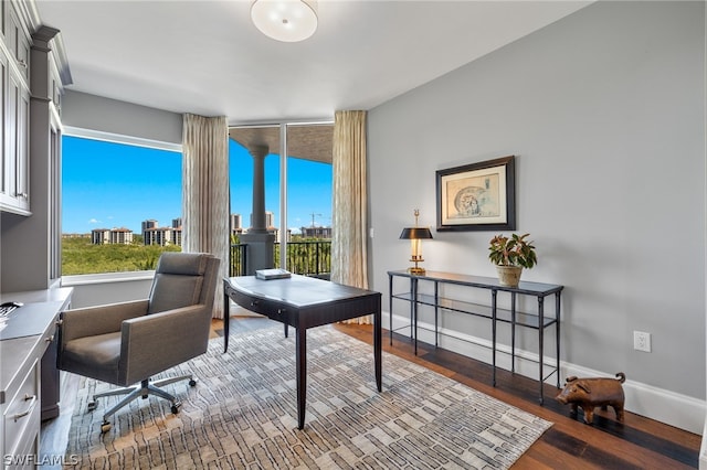 office featuring a healthy amount of sunlight, a view of city, baseboards, and wood finished floors