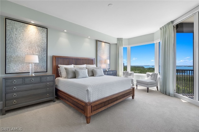 carpeted bedroom featuring access to exterior and recessed lighting