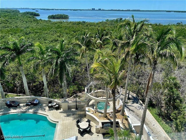 view of pool featuring a patio area and a water view