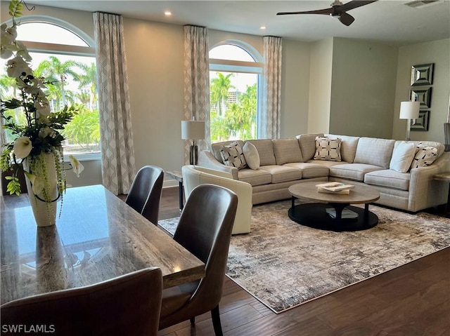 living room with ceiling fan and wood-type flooring