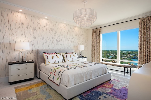 bedroom with an inviting chandelier