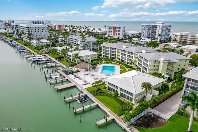 drone / aerial view featuring a water view