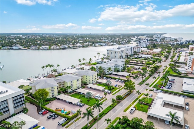 bird's eye view with a water view