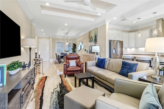 living room featuring crown molding and ceiling fan