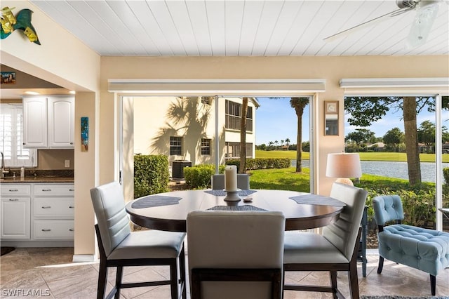 dining room featuring a water view, wood ceiling, and a wealth of natural light