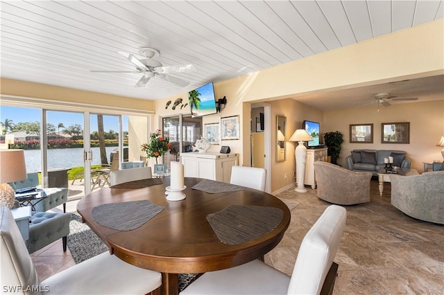 dining area with wood ceiling and a ceiling fan