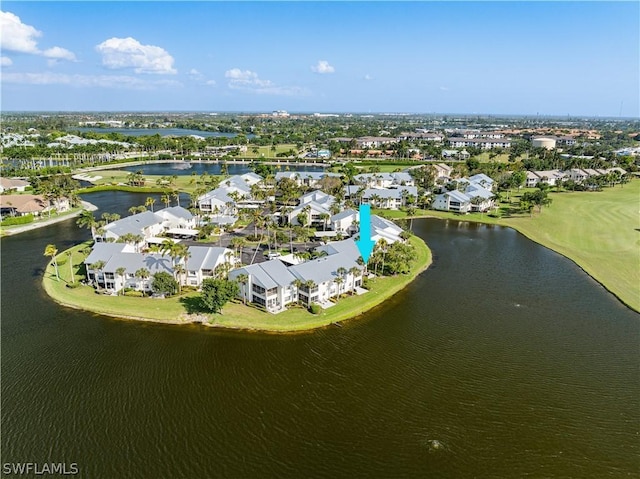 aerial view with a residential view and a water view