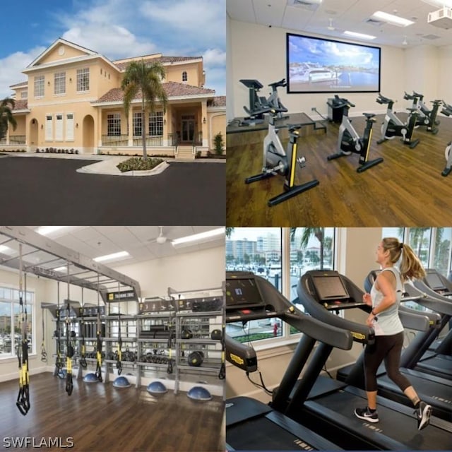 exercise room with a paneled ceiling, visible vents, and wood finished floors