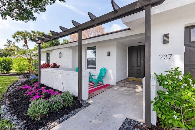 property entrance with a patio and stucco siding