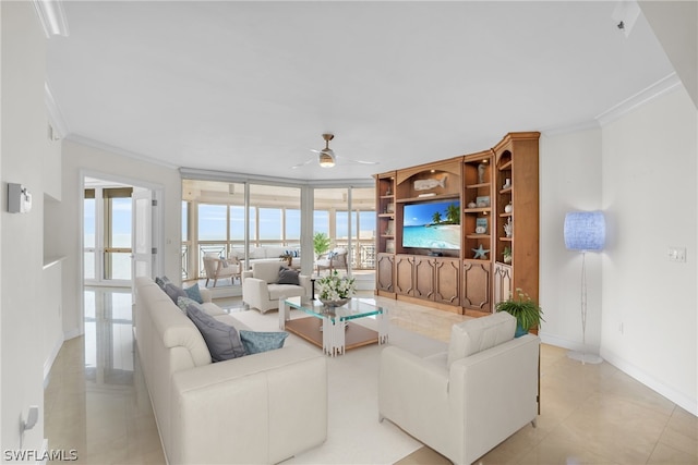 tiled living room featuring plenty of natural light, crown molding, and ceiling fan