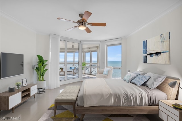 bedroom featuring a water view, ornamental molding, light tile flooring, and ceiling fan