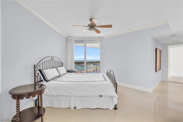 tiled bedroom featuring crown molding and ceiling fan