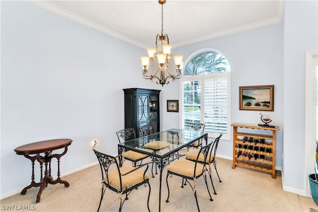 carpeted dining room with crown molding and an inviting chandelier