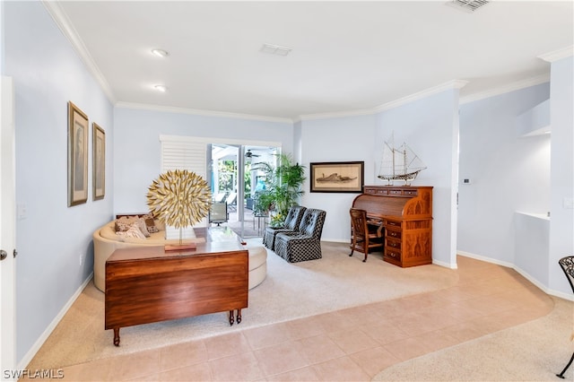 living room with light tile floors and crown molding