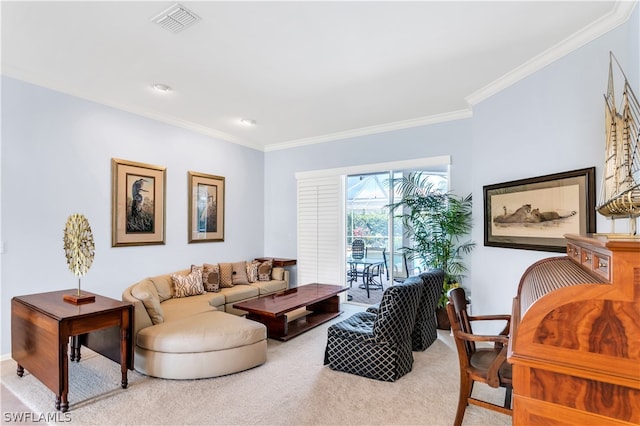 carpeted living room featuring crown molding