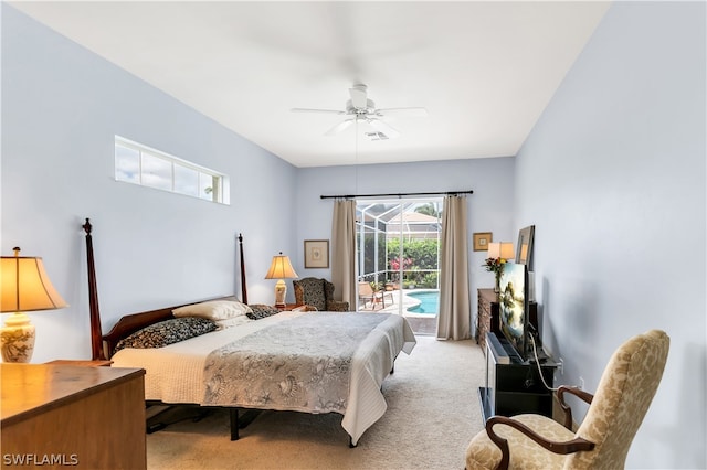 bedroom with light carpet, ceiling fan, and access to outside