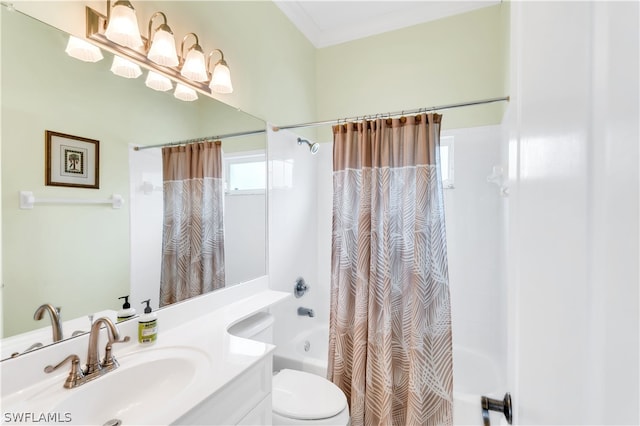 full bathroom with shower / bath combination with curtain, toilet, vanity, and crown molding