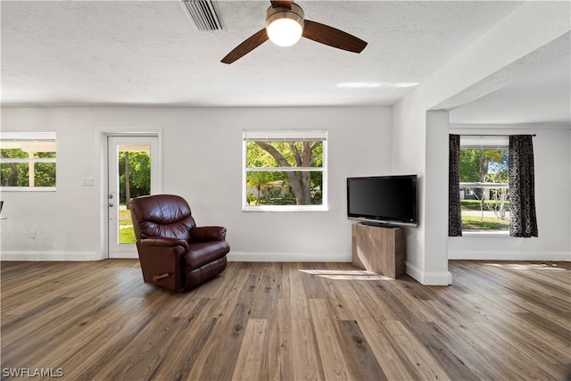 living area featuring a wealth of natural light and dark hardwood / wood-style flooring