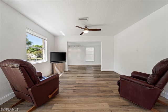 living room with ceiling fan and dark wood-type flooring