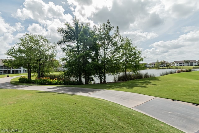 view of community with a water view and a yard