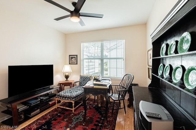 office space with wood-type flooring and ceiling fan