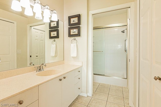 bathroom featuring vanity, tile patterned flooring, and a shower with door