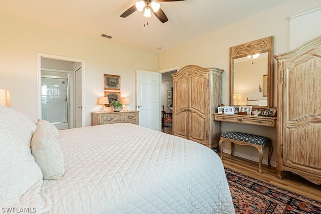 bedroom with hardwood / wood-style flooring and ceiling fan